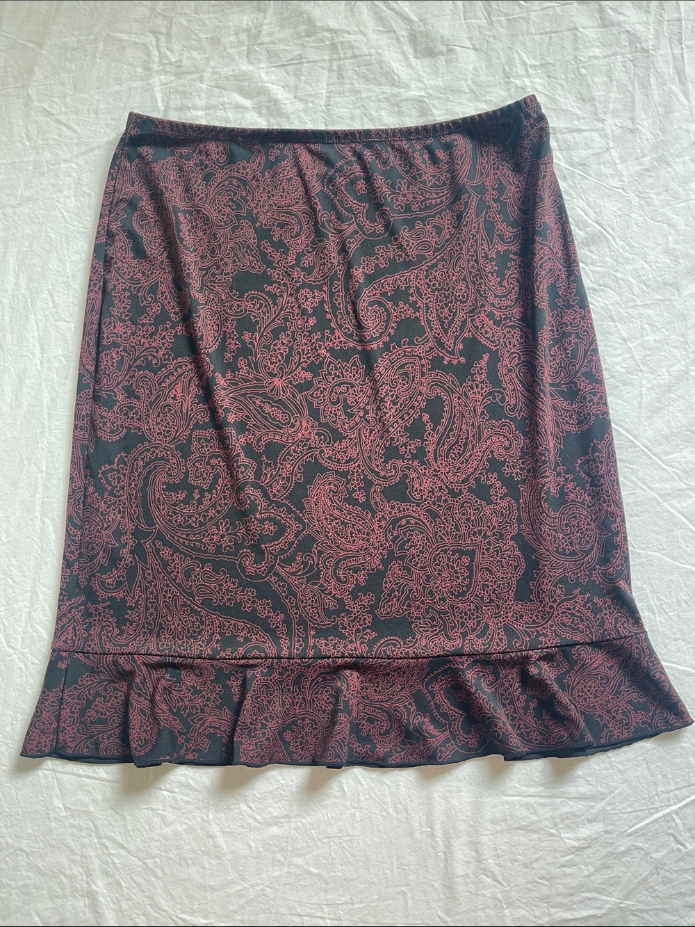 New York & Company Black and Red Paisley Ruffle-Hem Midi Skirt